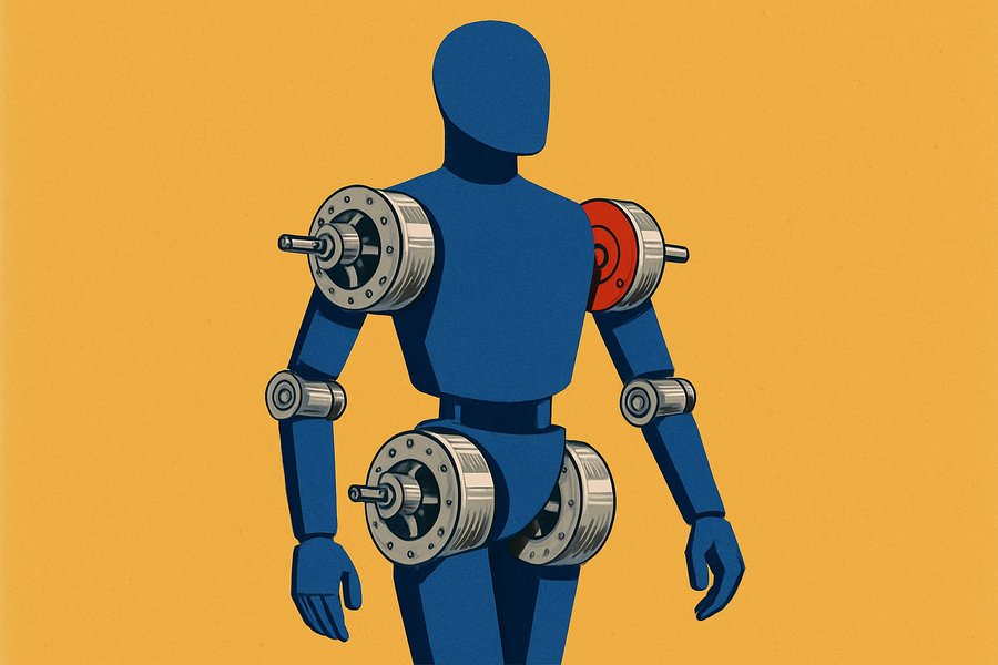 A cobalt-blue humanoid robot whose shoulder, elbow, hip and knee joints are brushed-steel washing-machine motor drums, one shoulder highlighted in red.
