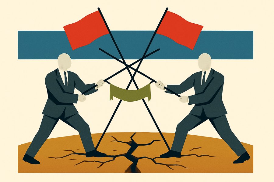 Two identical suited figures clashing over crossed red flags planted in cracked earth.