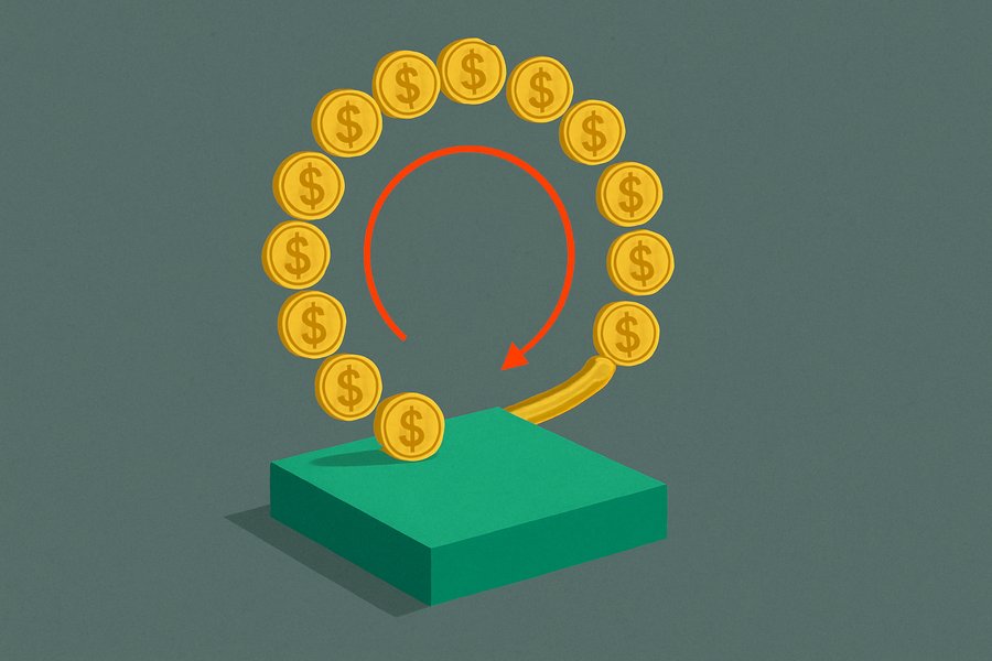 A single green shovel handing out gold coins that loop back around and return to buy the shovel, forming a closed ring.