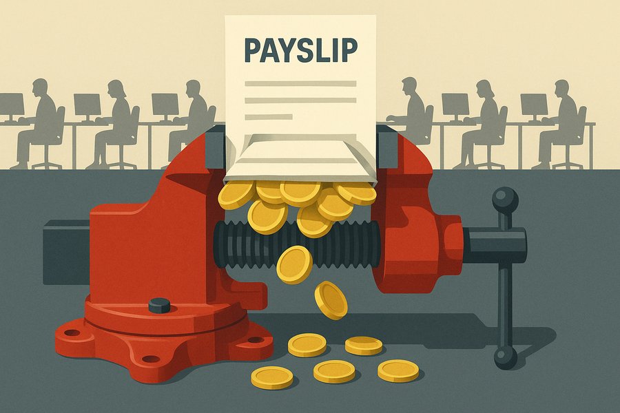 A payslip clamped in a heavy steel vice with coins squeezed out of its edges, while a row of office workers stays seated at their desks, untouched.