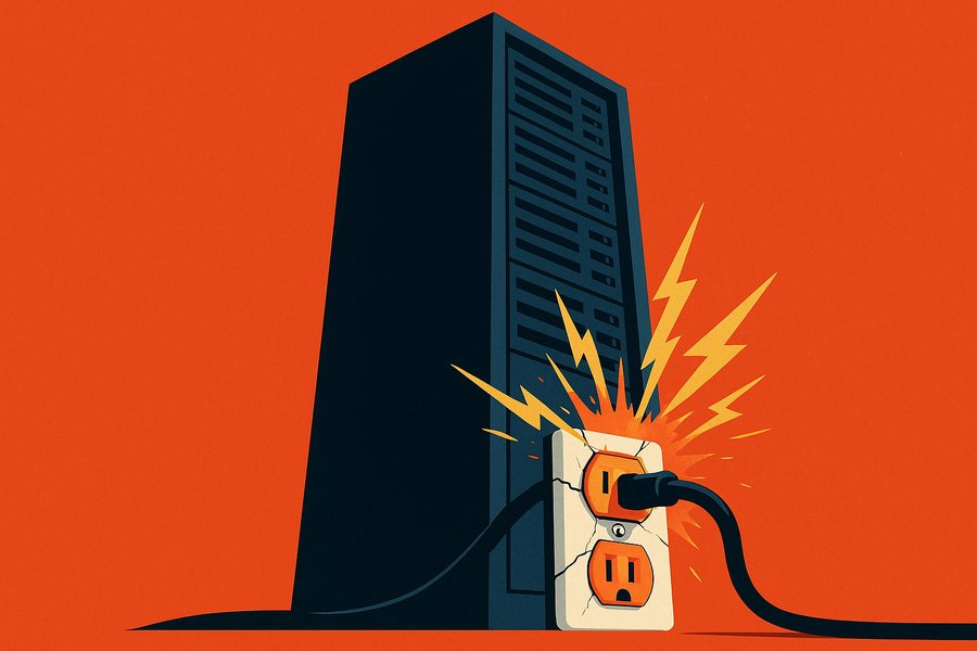 A colossal server tower plugged by a single thick cable into a small overloaded wall socket that sparks and cracks under the strain.