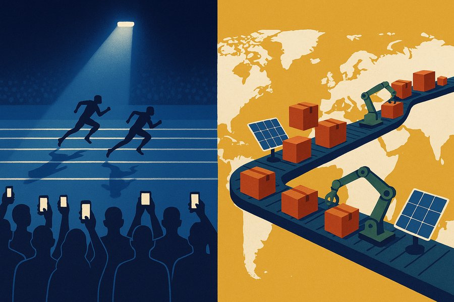 A floodlit stadium sprint watched by a phone-raising crowd, while beside it an ignored conveyor belt streams boxes, robot arms and solar panels across a world map.