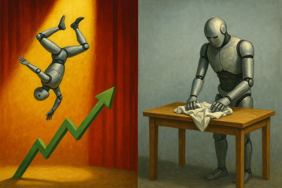 A humanoid robot mid-backflip in a spotlight above a soaring stock chart, while beside it a second identical robot stands frozen over a crumpled, half-folded shirt on a table.