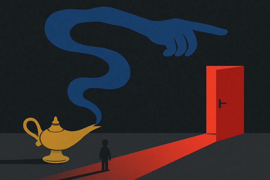 A genie rising from an open bottle, its smoke forming a hand that reaches past the wisher toward a distant locked door it was never told to open.