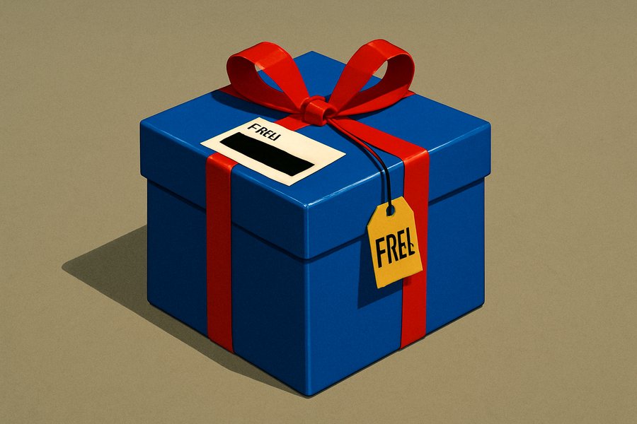 A large gift box wrapped in gold ribbon, its shipping label bearing a blank, redacted sender line