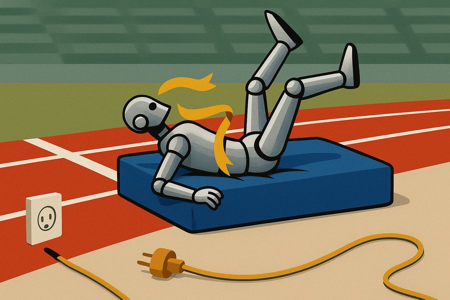 A toppled humanoid sprinter on a blue crash mat past a red finish line, while a single unplugged power cable lies untouched in the foreground
