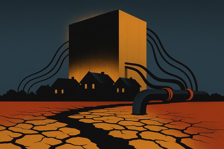 A giant windowless data center glowing at dusk, fed by power cables and a water pipe drawn from a small town of darkened houses beside a dry riverbed