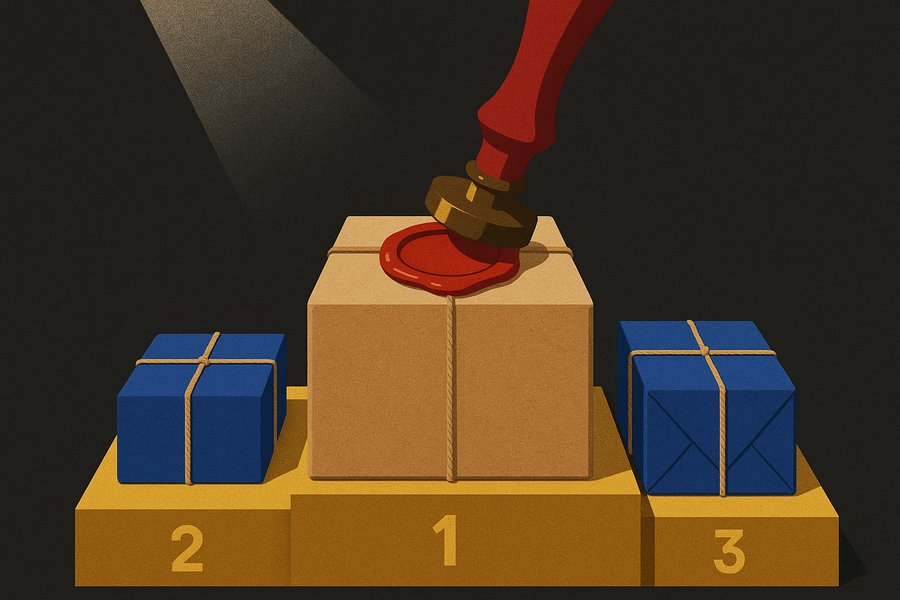 A plain unmarked brown parcel on the first-place step of a winners' podium receiving a fire-engine-red wax seal, flanked by blue boxes on the lower steps