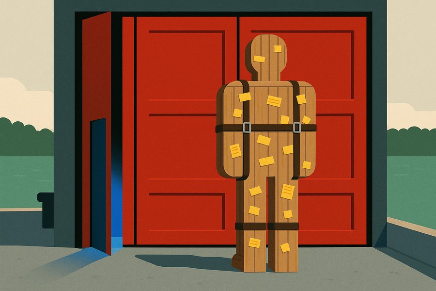 A humanoid-shaped shipping crate covered in ochre stickers stands before a slammed red steel gate, with a narrow side door ajar spilling blue light