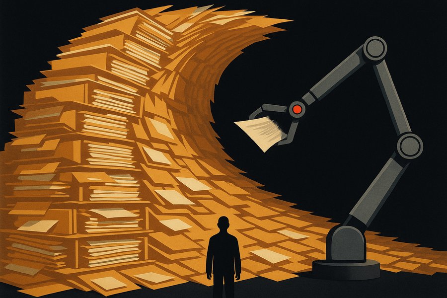 A vast archive wall of overflowing paper files, one small human figure dwarfed at the base, with a single mechanical arm pulling documents faster than the person can read
