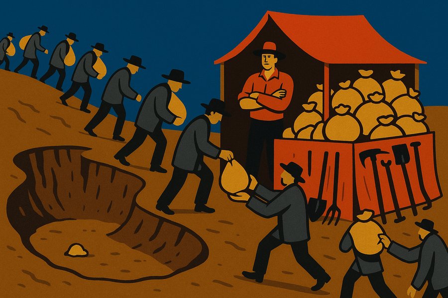 Miners trudge out of an empty pit and hand sacks of gold to a merchant whose stall overflows with gold and is stacked with shovels and picks.