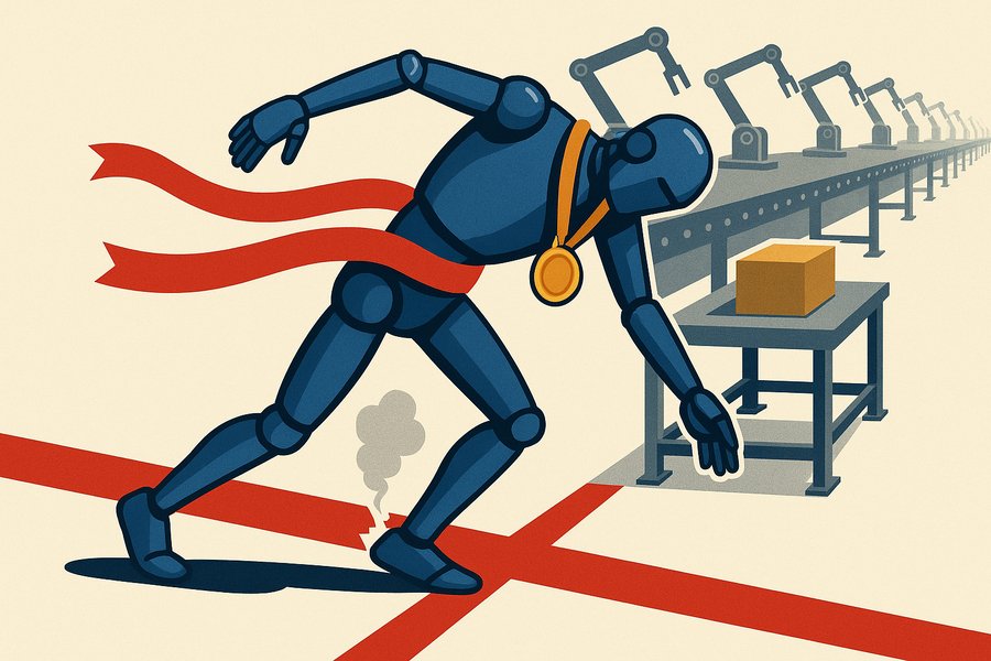 A humanoid robot breaks a race finish tape while toppling face-first onto the track, an empty factory workbench waiting behind it.