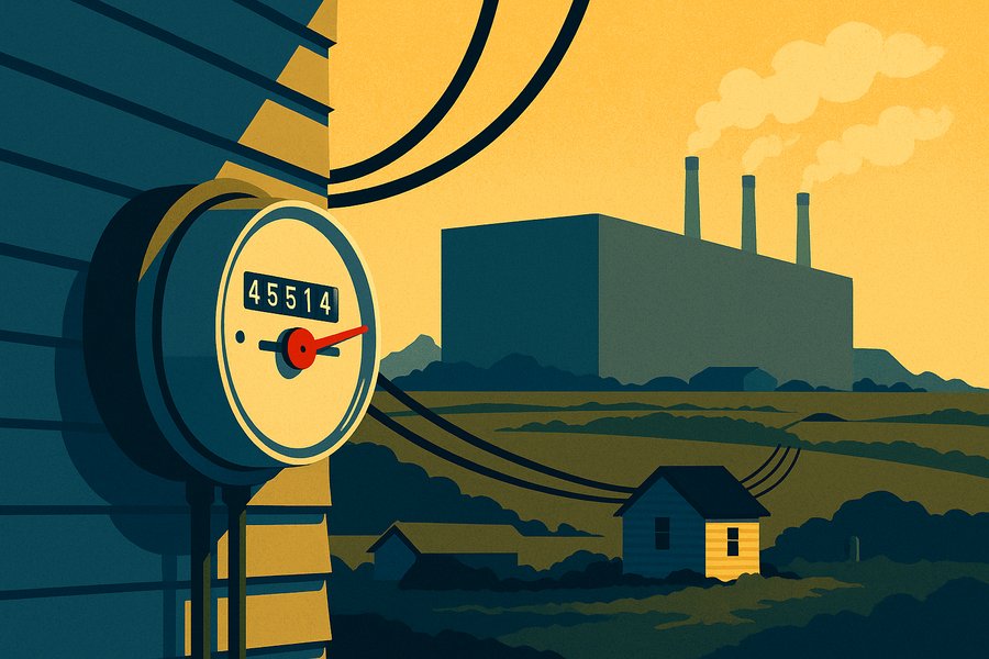 A household electricity meter on a small suburban house, its red needle blurred with speed, cables running to a colossal grey data center and gas-plant smokestacks on the horizon.