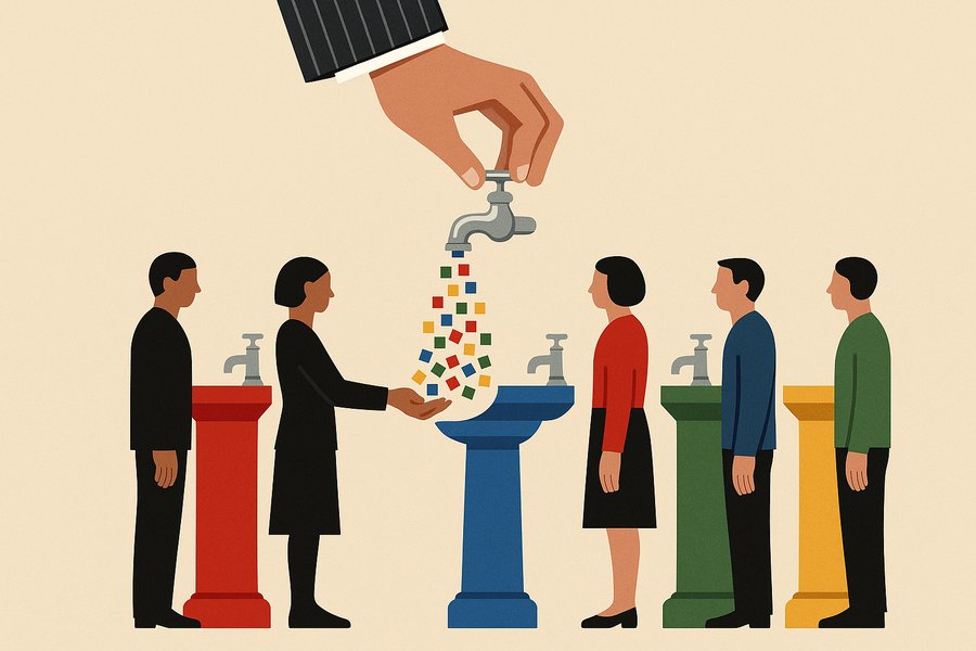 Four public drinking fountains in a row, each a different flat national colour, a formal government hand turning each tap to pour bright cubes into the cupped hands of citizens queuing below.