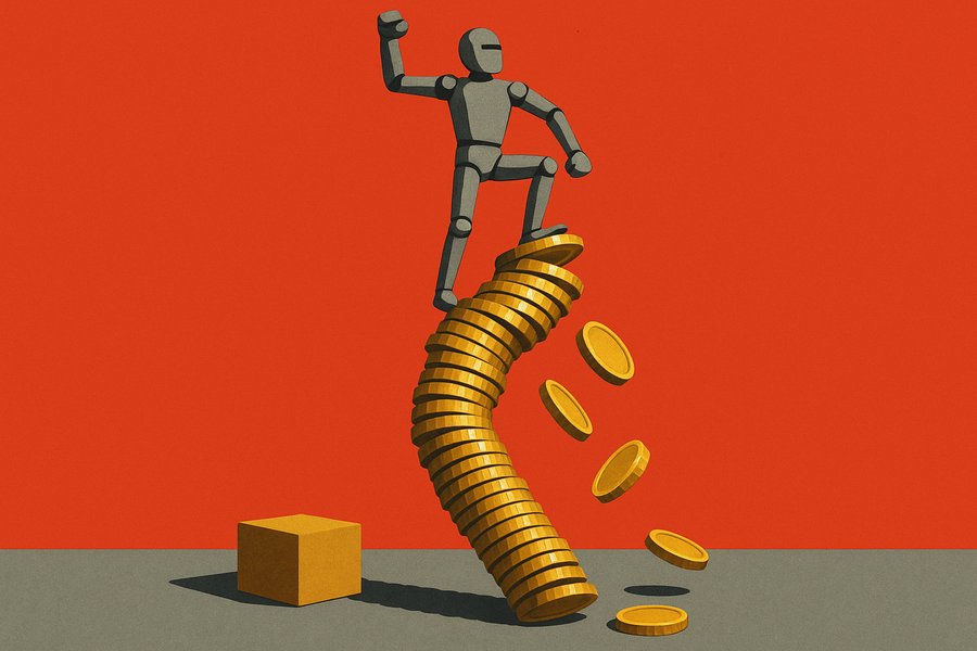 A humanoid robot balanced on a towering stack of gold coins that leans and buckles beneath it, a single small cardboard box waiting unlifted on the ground below.