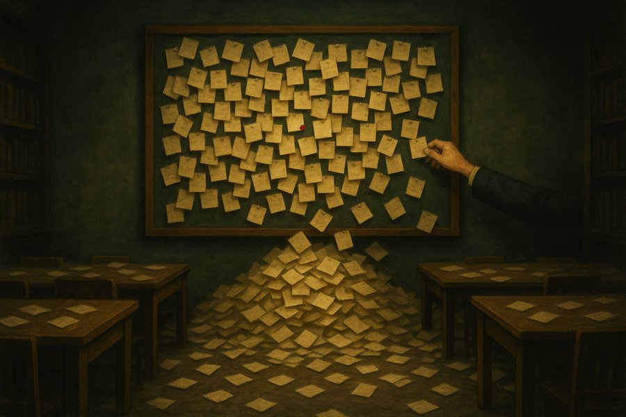 A single hand fights a bulletin board overflowing with endlessly multiplying paper notes.
