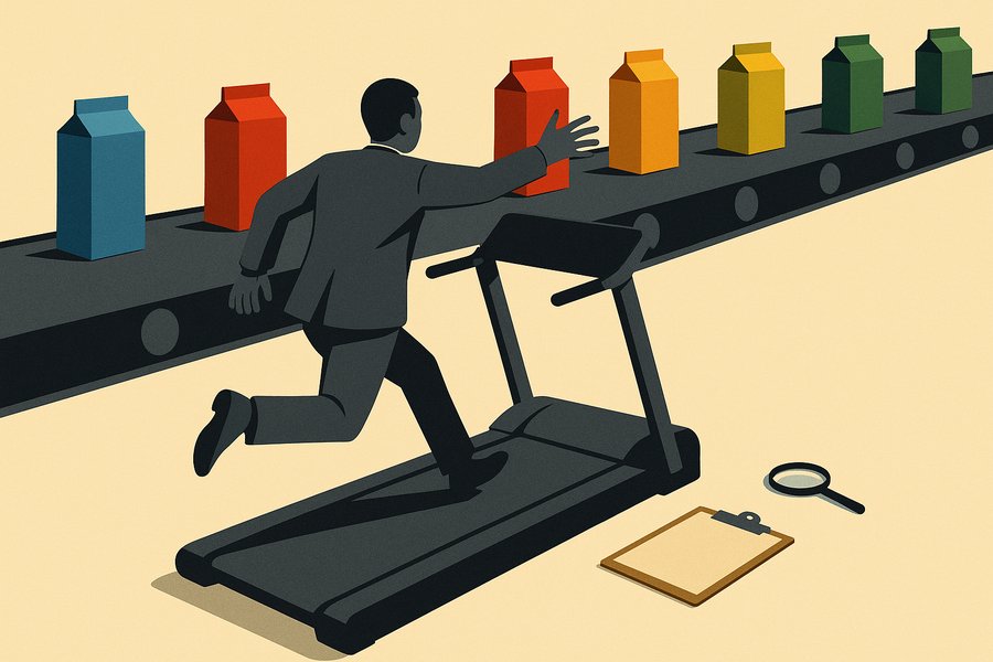 A figure on a treadmill reaches for identical product cartons streaming past on a conveyor belt faster than they can be grabbed.