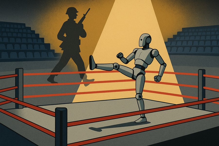 A humanoid robot mid-kick in a brightly lit boxing ring, its shadow on the wall behind cast as a marching armed soldier.