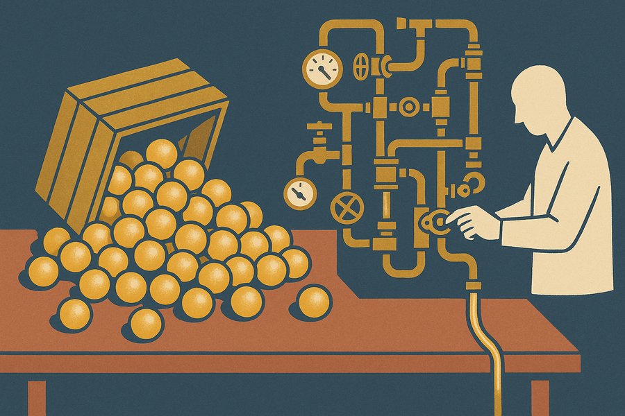 A heap of identical cheap glowing spheres spilling from a crate, while a lone figure tends an elaborate brass machine of pipes and valves channelling a single thread of that same light.