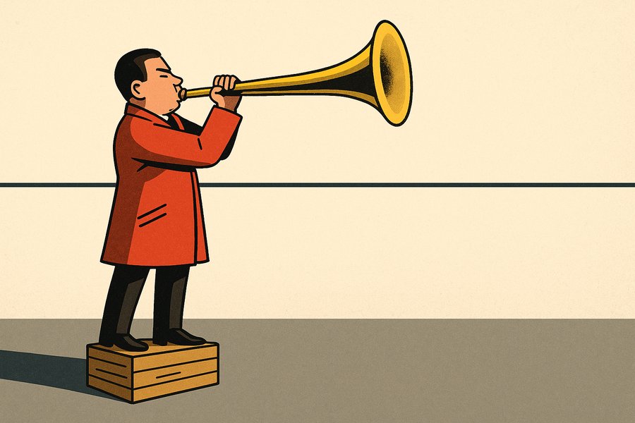 A figure in a red coat blows an enormous brass trumpet at a taut horizontal cable that stays perfectly flat and unmoved.