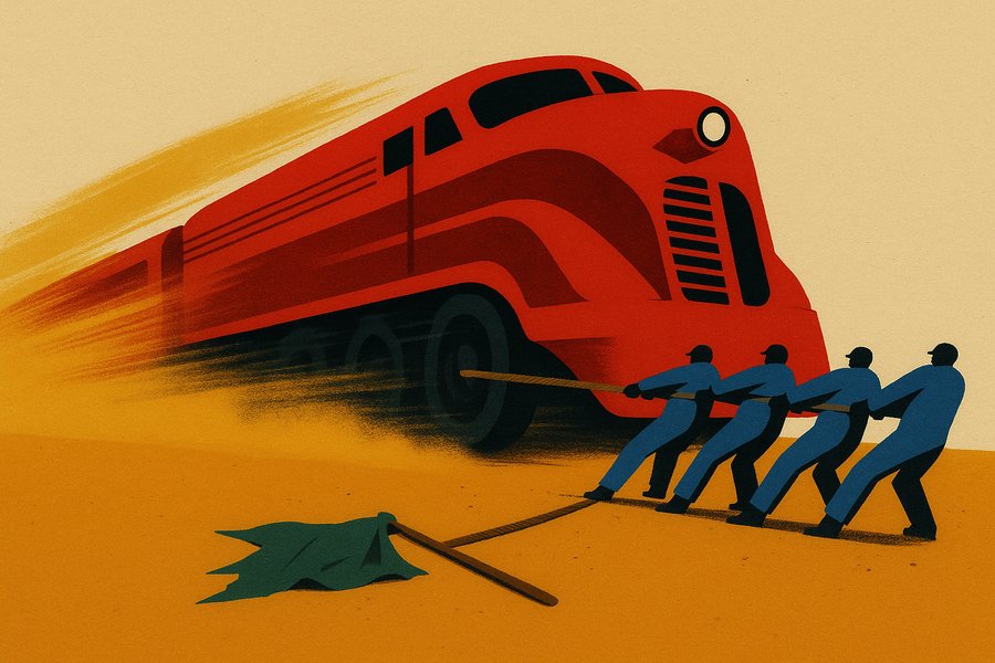 Small figures in cobalt overalls dig their heels in and haul on a rope tied to an enormous red juggernaut that keeps racing forward through ochre dust.