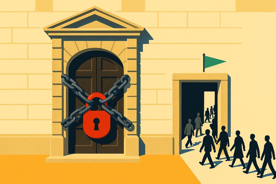 A fire-engine-red padlock clamped over a plain doorway, while a stream of tiny figures walks past it through an open side door marked with a jade-green flag
