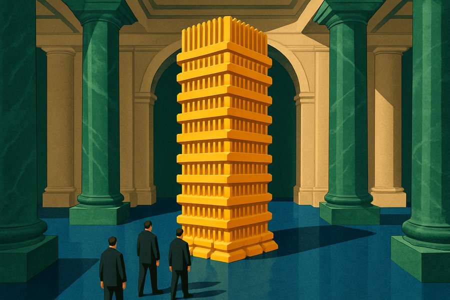 The marble hall of a central bank, where a towering stack of gold ingots is cast in the shape of computer-processor modules and small suited figures approach it.
