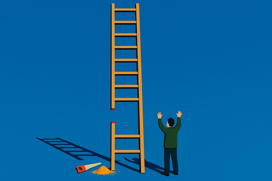 A tall wooden career ladder rising into a blue sky with its lowest rungs missing, a saw and fresh sawdust below, and a young figure unable to reach the first step