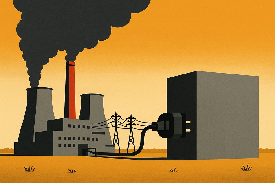 An aging coal power plant with smoking towers wired by heavy cables directly into a windowless data center under a sodium-orange sky.
