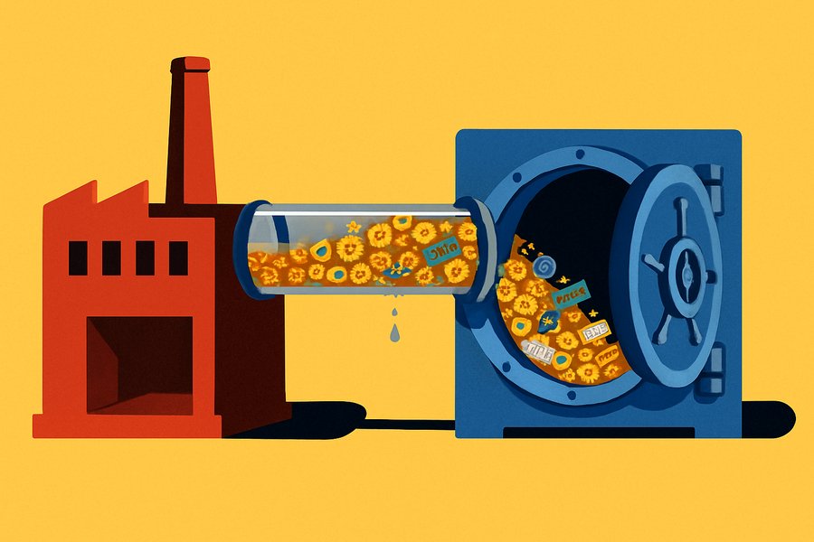 A fire-engine-red factory drained through a transparent glass pipe into a cobalt-blue bank vault, the pipe carrying a stream of tiny gears and rolled blueprints