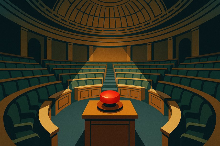 An empty legislative chamber with a single oversized red alarm button on the desk, nobody reaching for it.