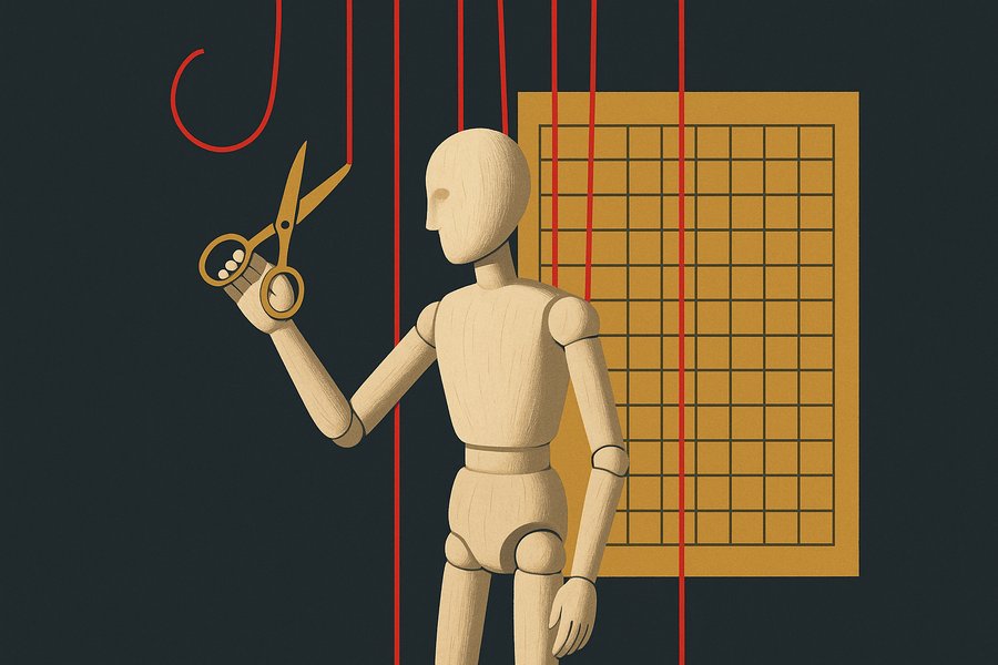 A pale featureless wooden marionette on taut crimson strings, holding brass scissors up to cut one of its own strings while a blank grading chart looms behind it.
