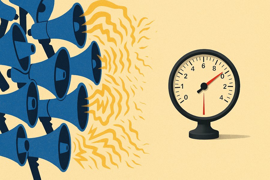 A brass probability dial with a red needle standing silent beside a row of chattering blue megaphones