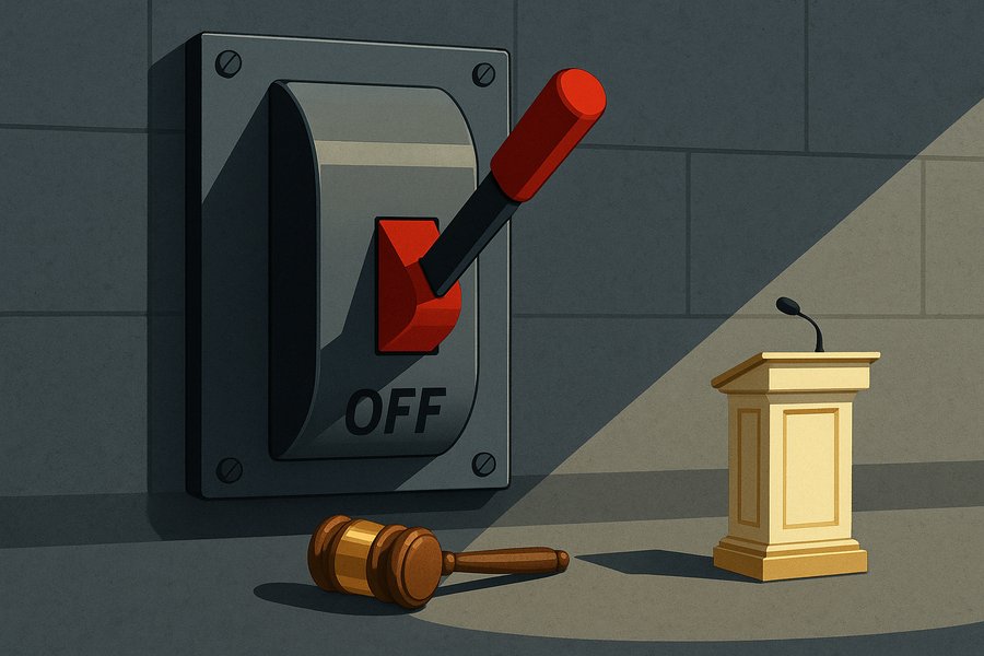 A gavel poised over a glowing power switch, the switch flipped to off