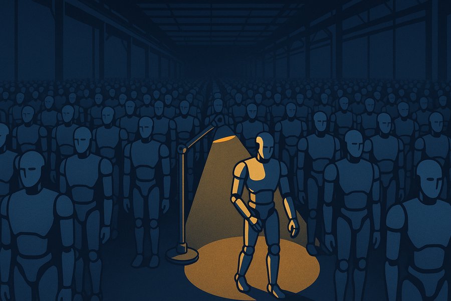 A vast factory floor of gleaming humanoid robots standing in rows, nearly all switched off and idle, with a single small work light illuminating just one