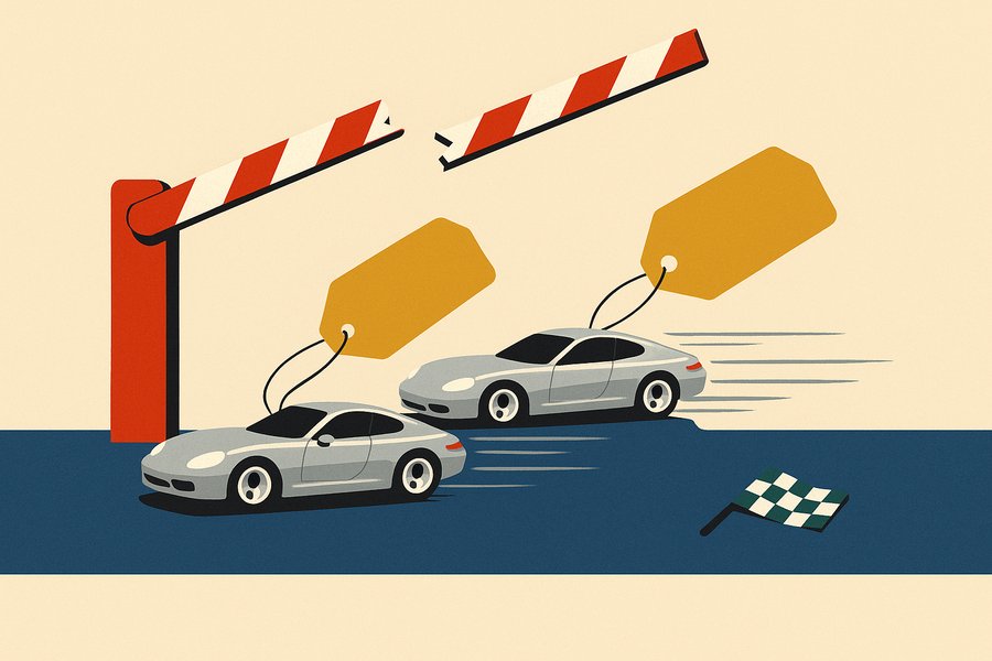 Two silver race cars bursting through a snapped fire-engine-red barrier gate, each towing a falling ochre price tag