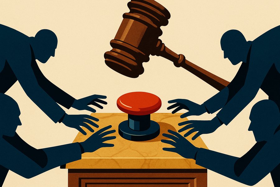 A heavy ornate gavel poised over a small glowing power switch on a legislative desk, with lobbyists' shadows crowding the edges