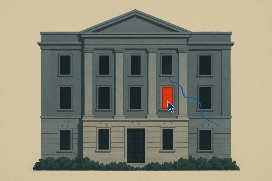 A marble government facade with several small unlit windows and one window lit fire-engine-red, a faint automated cursor arrow hovering at its sill