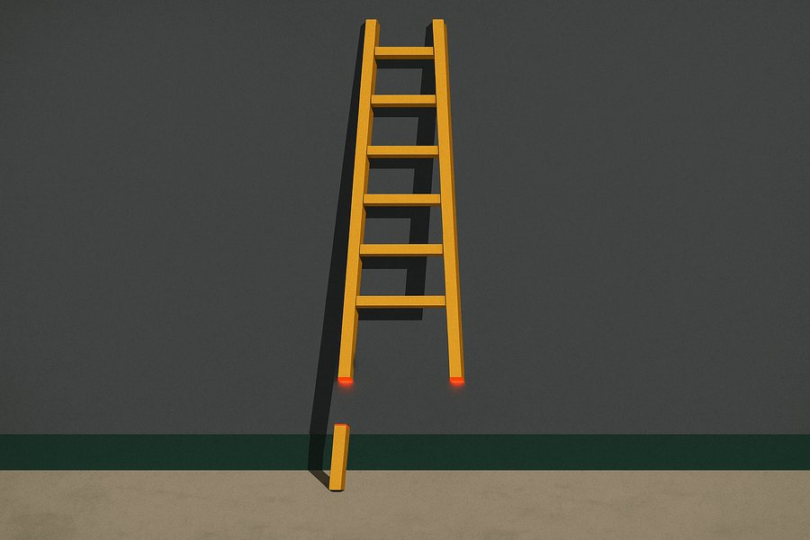 A wooden ladder against a grey wall with its lowest rungs sawn off, the cut ends glowing red, leaving the first rung out of reach above an empty floor