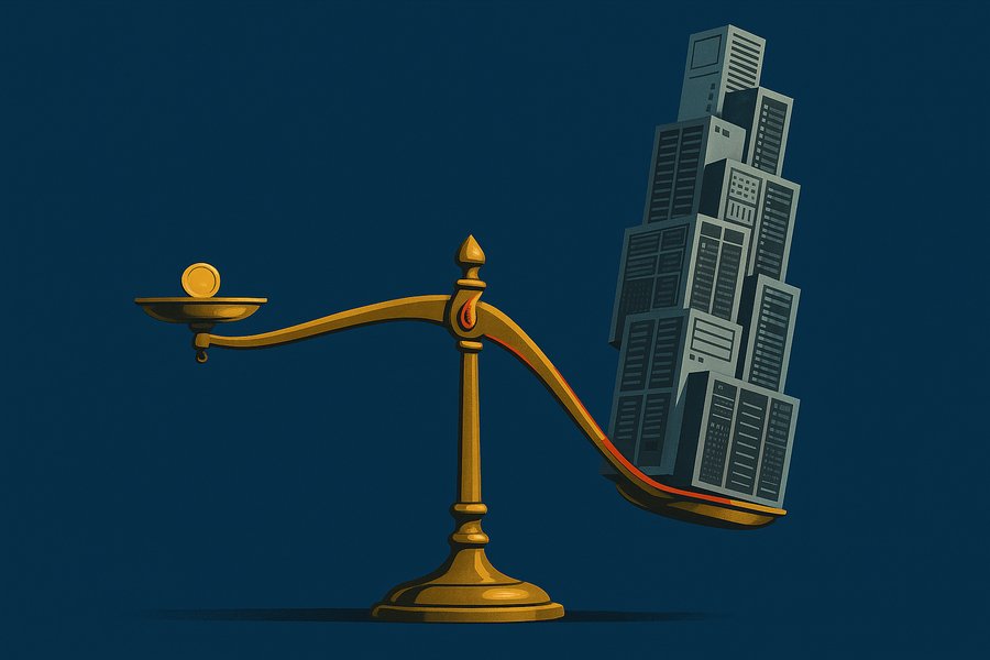 A brass balance scale tipping hard, a single small gold coin on the raised pan and a towering, teetering stack of grey concrete server blocks crushing down the other side