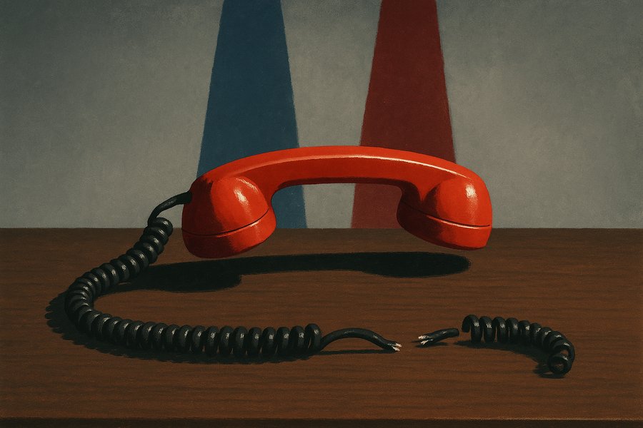 A fire-engine red telephone handset sitting on a table between two flags, its cord cut clean through and lying loose on the surface
