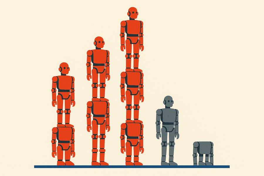 A rising bar chart made of identical humanoid robot figures, the tallest columns cast in red, dwarfing a lone smaller column