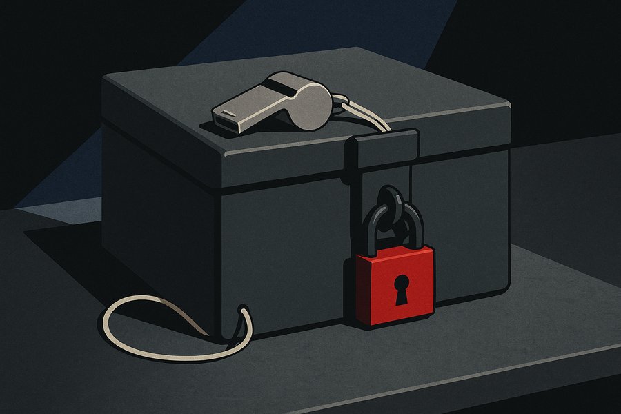 A silver safety whistle sealed inside a locked strongbox, its lanyard trapped and trailing out from under the heavy lid