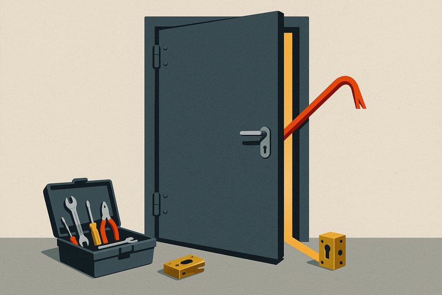 A heavy steel security door with its lock not yet fitted, already standing ajar with a red crowbar wedged in the open gap
