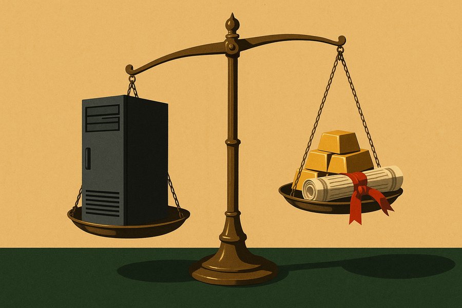 A single Nvidia server rack sitting on a weighing scale, balanced against stacked gold bars and a bundle of bond certificates