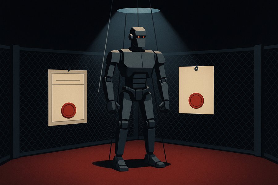 An empty regulation fighting cage with a single official notice pinned to the mesh, a towering humanoid robot standing idle in one corner
