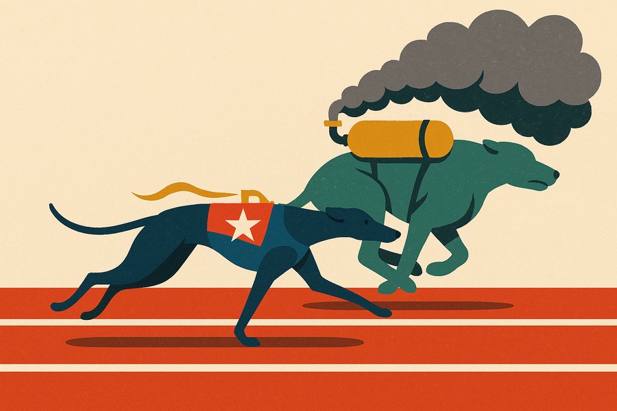 A lean greyhound in a red-and-blue racing bib drawing level with a heavier green racer, burning only a thin trickle of fuel while its rival trails thick exhaust
