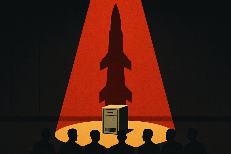 A small server cabinet under a spotlight casting a towering missile-shaped shadow while official silhouettes stare up at the shadow