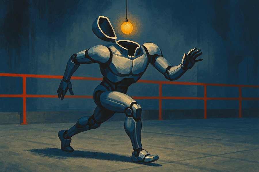 An athletic humanoid robot posed mid-stride on a factory floor with its head panel hinged open and empty, a small glowing core being lowered toward the cavity