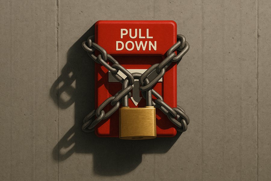A fire-engine-red emergency alarm pull-lever on a bare grey concrete wall, wrapped in heavy chain and shut with a brass padlock